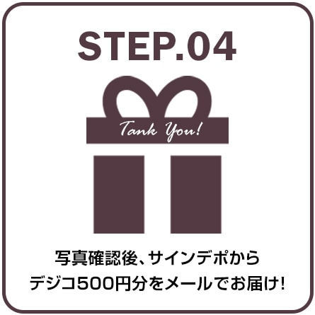 ステップ4写真確認後、サインデポからデジコ500円分をメールでお届け