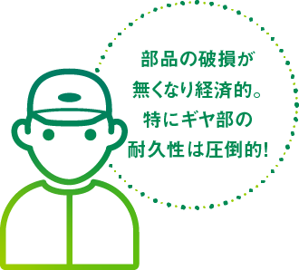 部品の破損が無くなり経済的。特にギヤ部の耐久性は圧倒的！