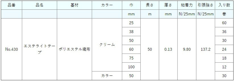 法人宛限定〉 オカモト 布テープ No.430 エステライトテープ 巾100mm