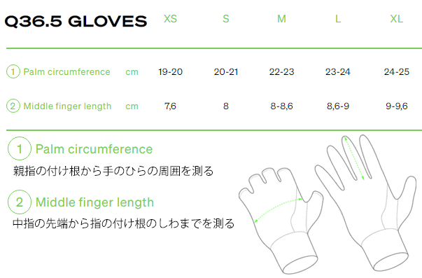 【Q36.5】グローブ サイズチャート / Gloves sizechart：SUNNYSIDE松谷サイクルWEB店
