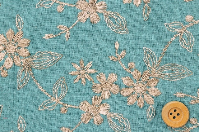 NANA】植物の刺繍生地（10）／ターコイズブルー【5110・9】 | レース