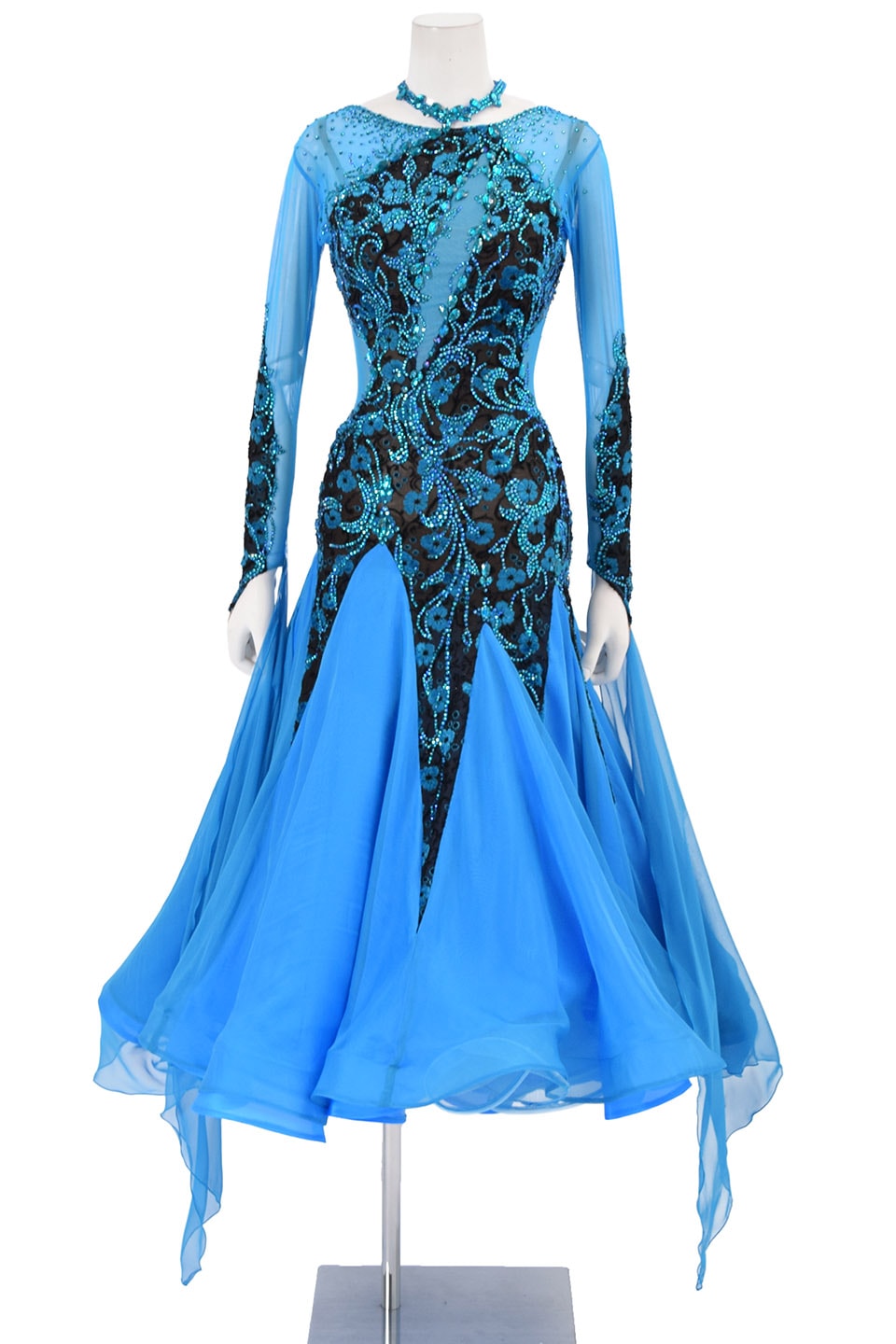 社交ダンスドレス 青 白 羽根装飾 サイズS〜M タカダンス 社交ダンス