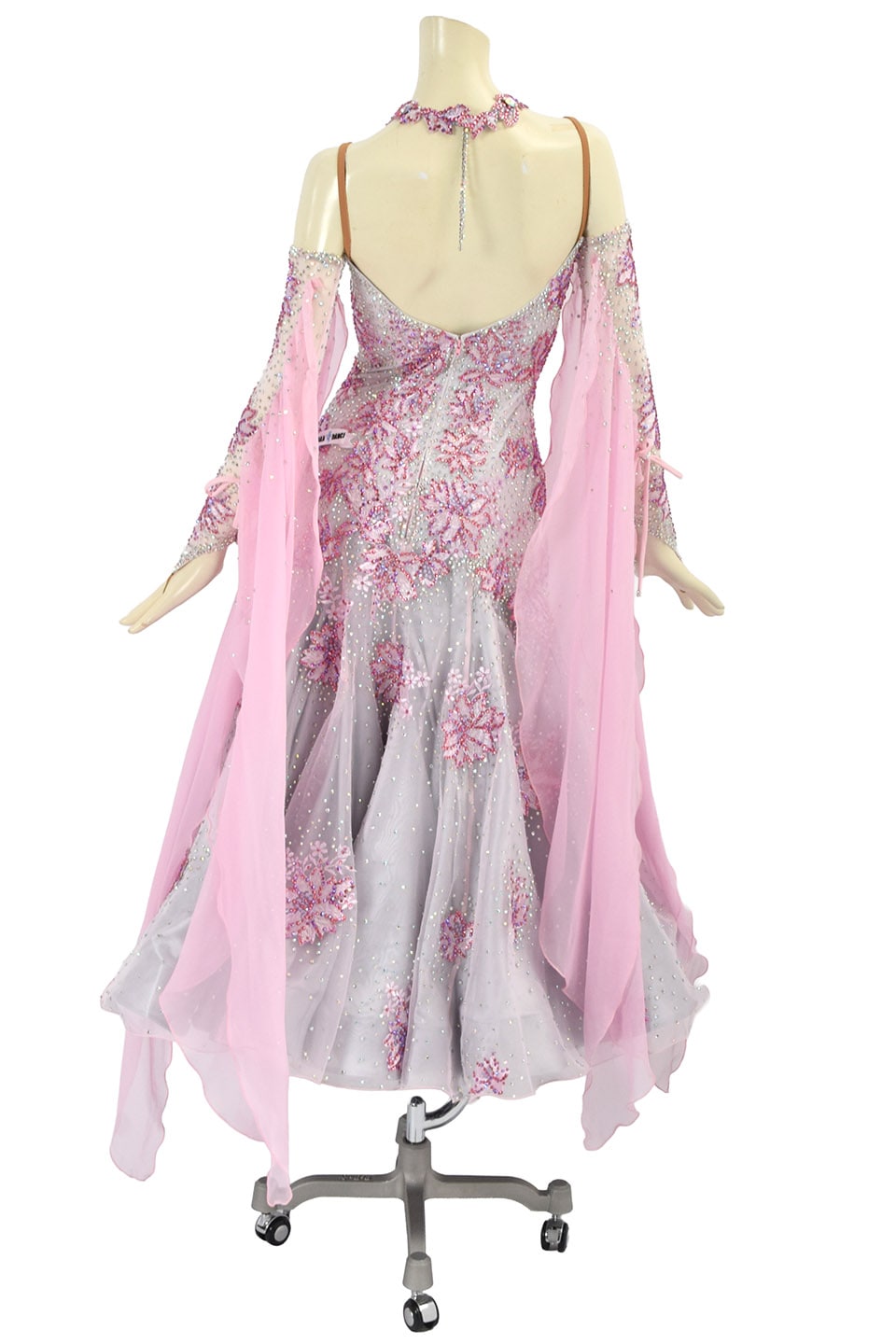 新品★スムース★パソ★スタンダード★社交ダンス★パーティー★和風花柄★SM スタンダードドレス WS0623AD シルバー/ローズピンク M 社交ダンス