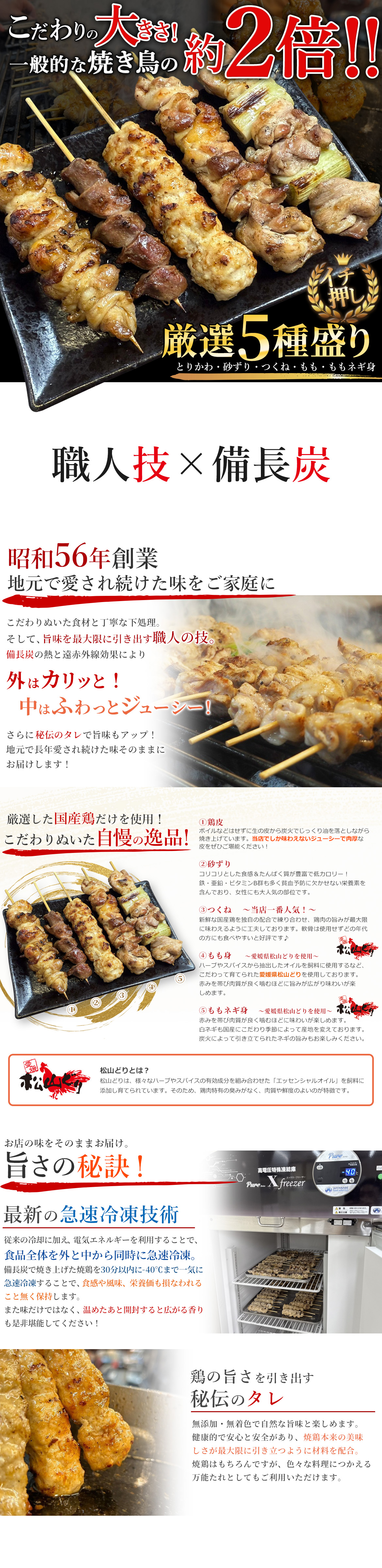備長炭火焼鶏5種盛り（鶏皮・砂ずり・つくね・もも身・ももネギ身