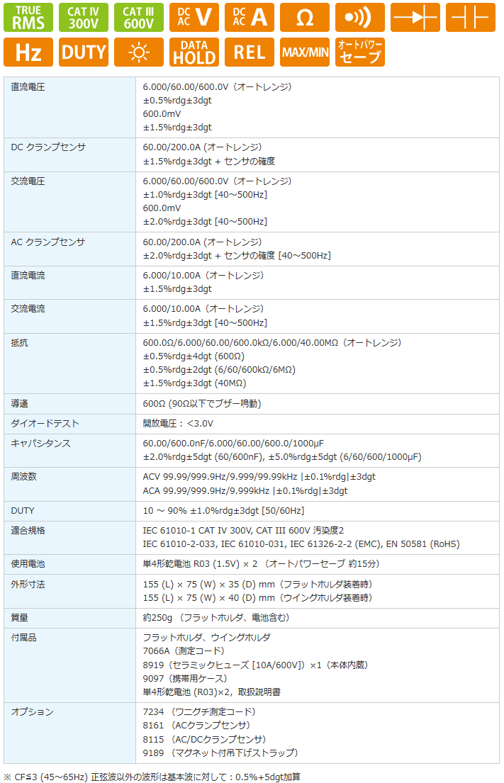 デジタルマルチメータ(CAT IV DMM) 特性表