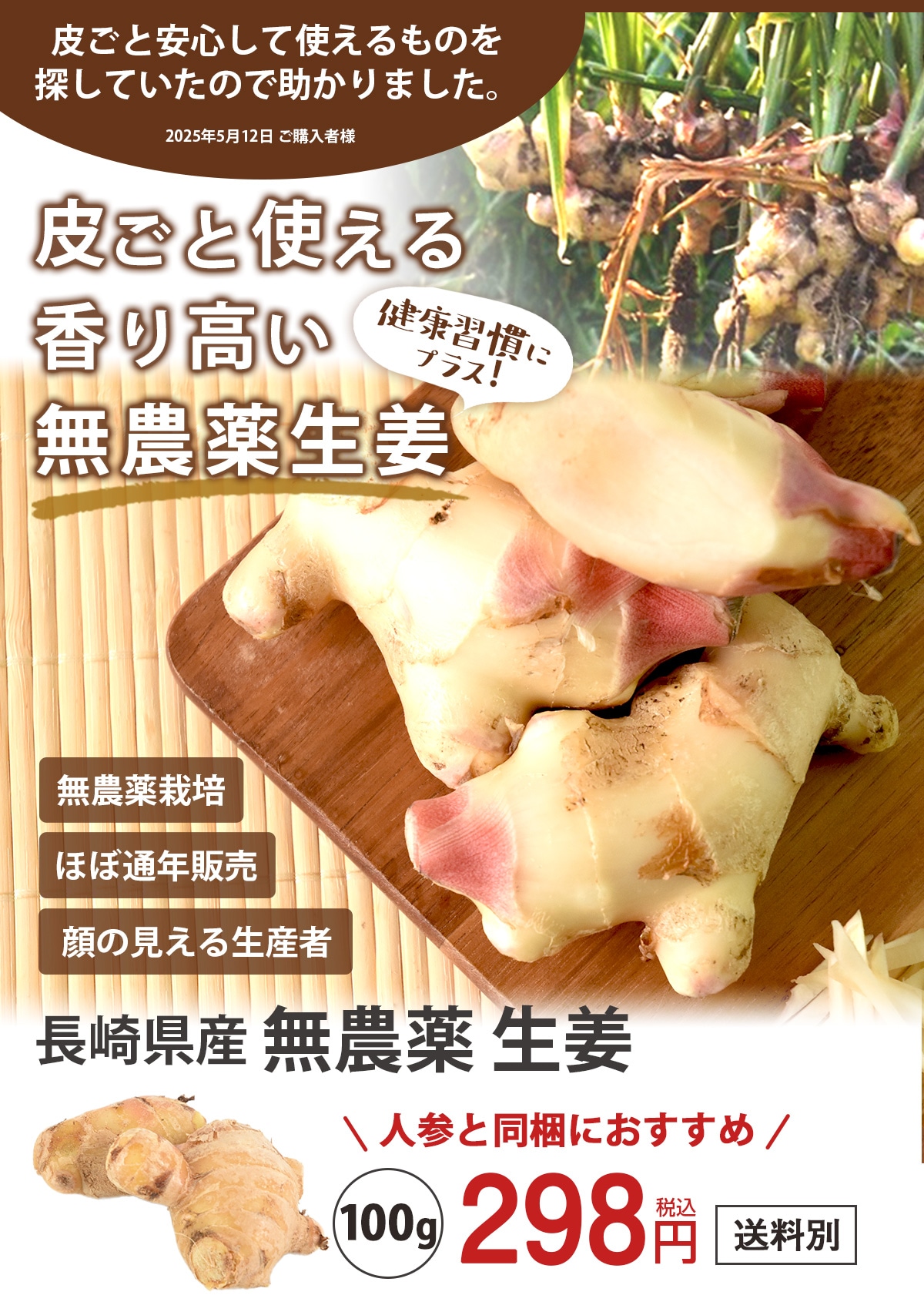 長崎県産 無農薬 生姜（古根） 100g 【ピカイチ野菜くん】