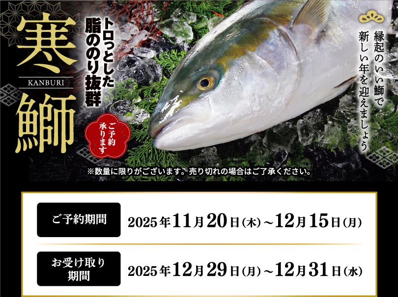 縁起のいい鰤で新しい年を迎えましょう 数量限定「寒鰤」