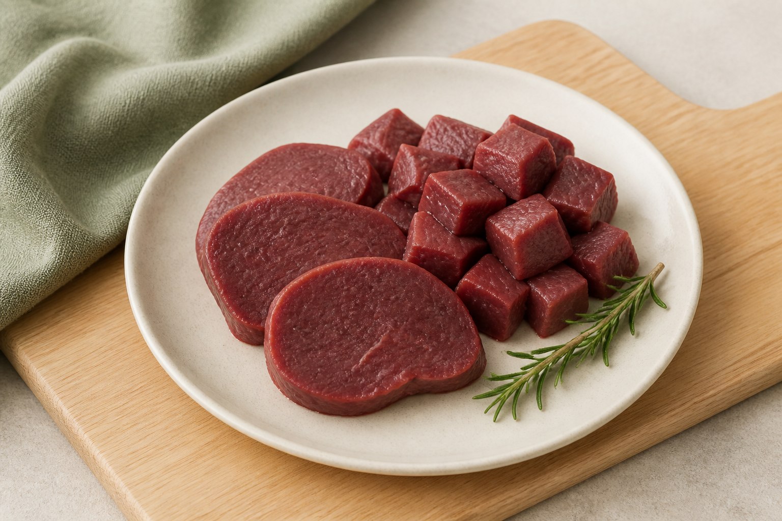 脂身の少ない赤身の鹿肉を角切りと薄切りにした食材例。犬に与えるときは主食とのバランスや必要な給与量を確認する