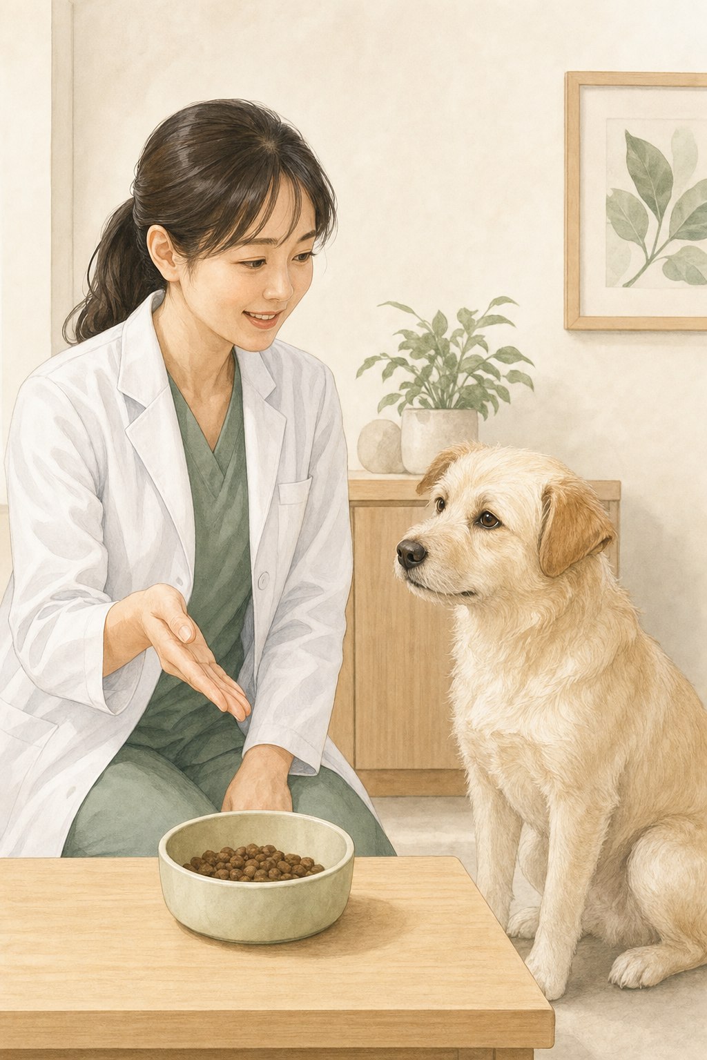 動物病院で犬の食事内容について飼い主へ説明する女性獣医師のイメージイラスト。病気がある犬の低脂肪食は主治医へ相談して決める