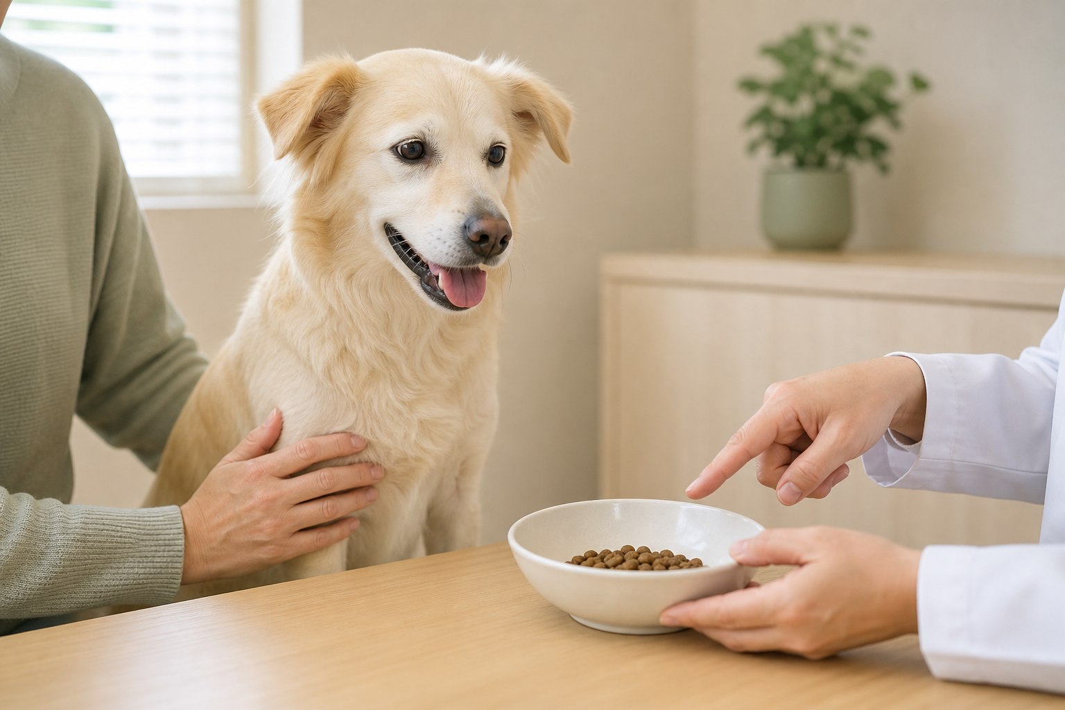 飼い主と動物医療の専門家が犬の食器を見ながら食事内容を相談している様子。低脂肪食は自己判断ではなく状態に合わせて選ぶことが大切