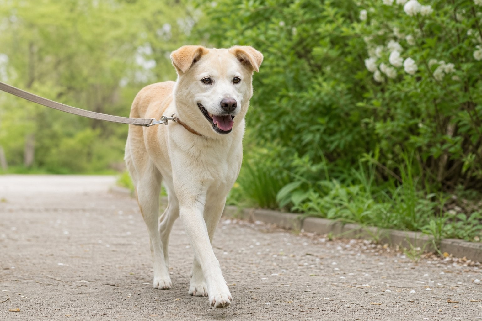 緑の多い道を飼い主と散歩する犬。低脂肪食だけに頼らず、体調に合わせた運動と摂取カロリーの管理を続けることが体重管理の基本