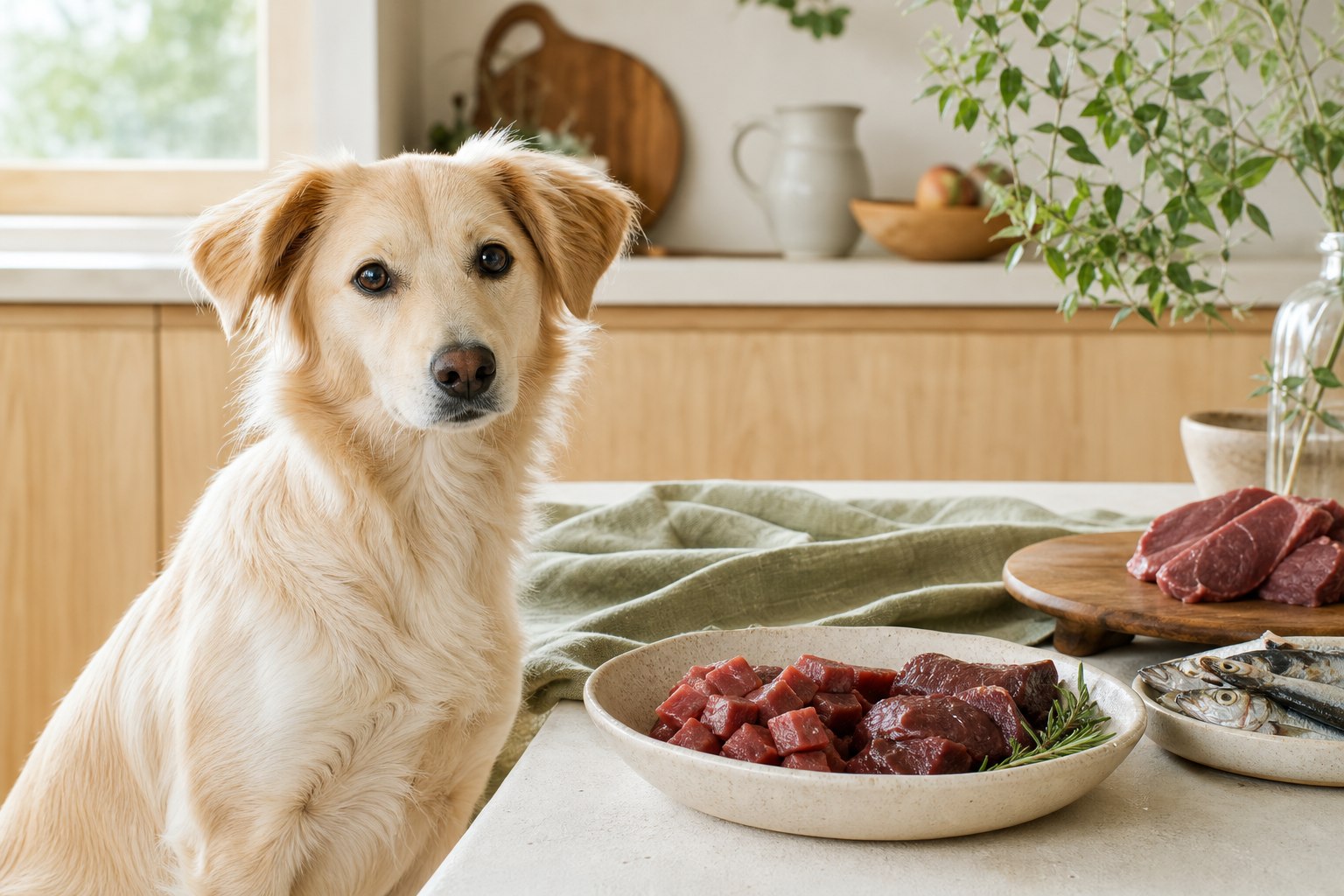 馬肉や鹿肉、魚などの食材を前に座る犬。低脂肪食でも、体をつくるたんぱく質と必要な脂質を食事全体でバランスよく摂ることが大切