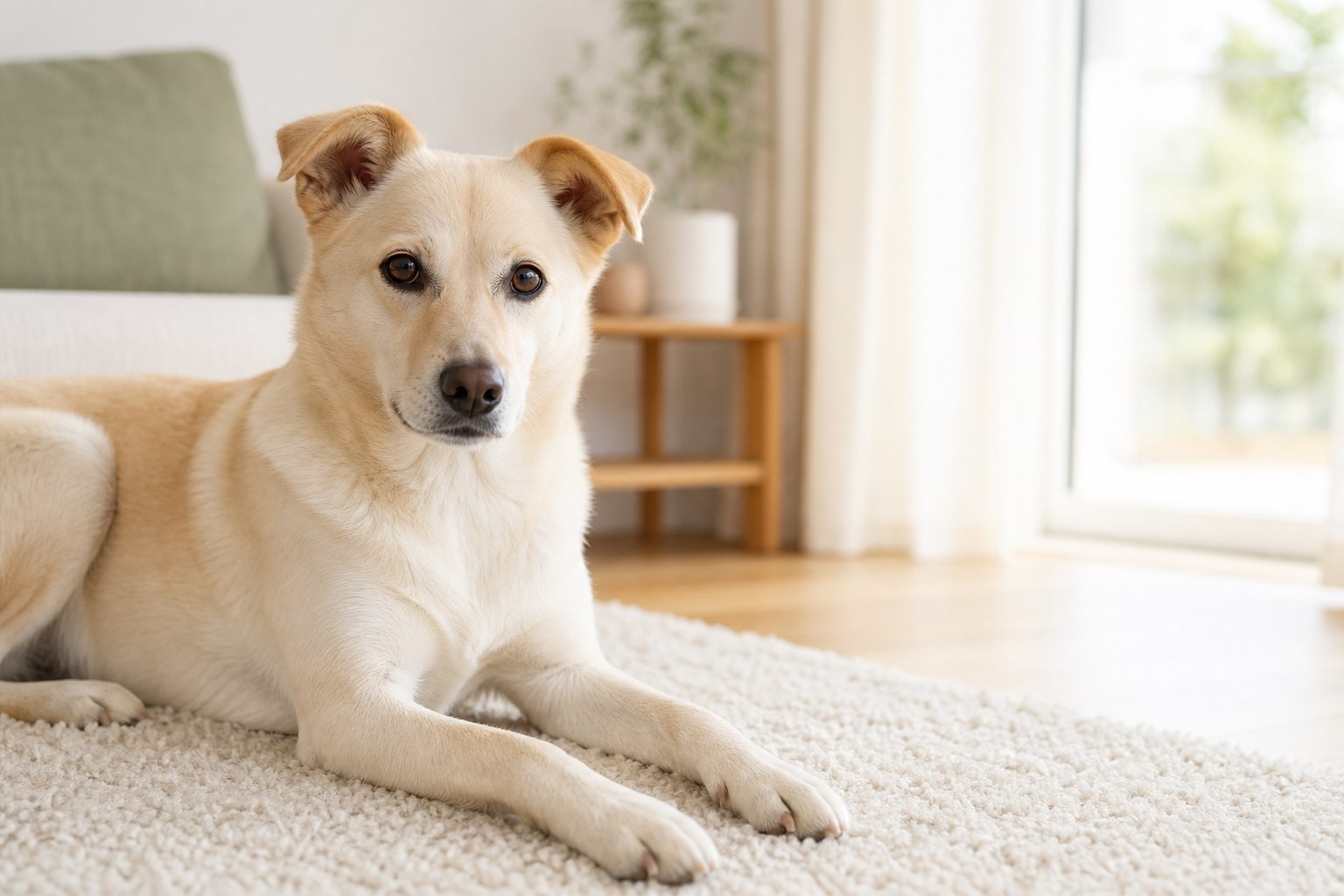 室内で落ち着いて過ごす健康な犬。健康な犬には一律の脂肪制限ではなく、年齢や活動量に合う栄養バランスのよい食事が重要