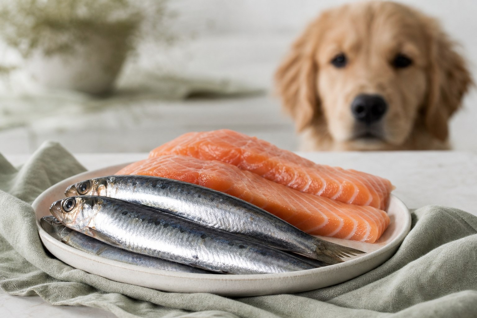 サーモンと小魚を見つめる犬。魚は種類によって脂肪量が大きく異なるため、低脂肪食では魚種と量、オメガ3脂肪酸の追加可否を確認する