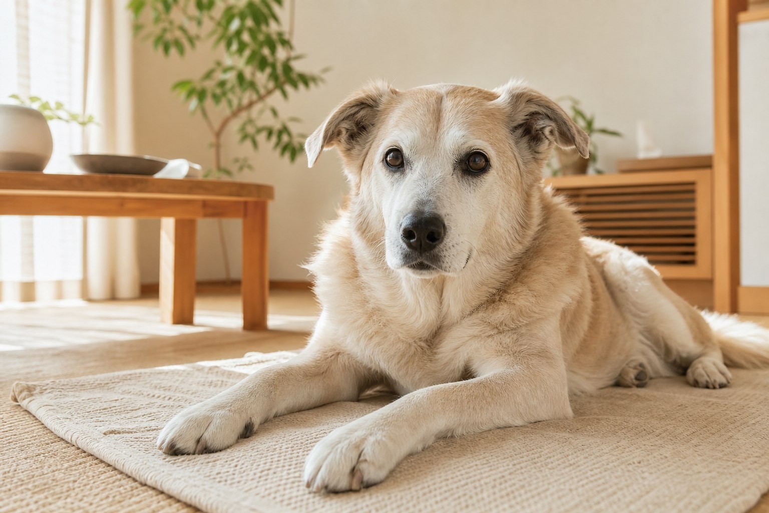 日差しの入る部屋で横になるシニア犬。年齢を重ねた犬の食欲や消化、水分補給に配慮した手作りごはんの関連記事