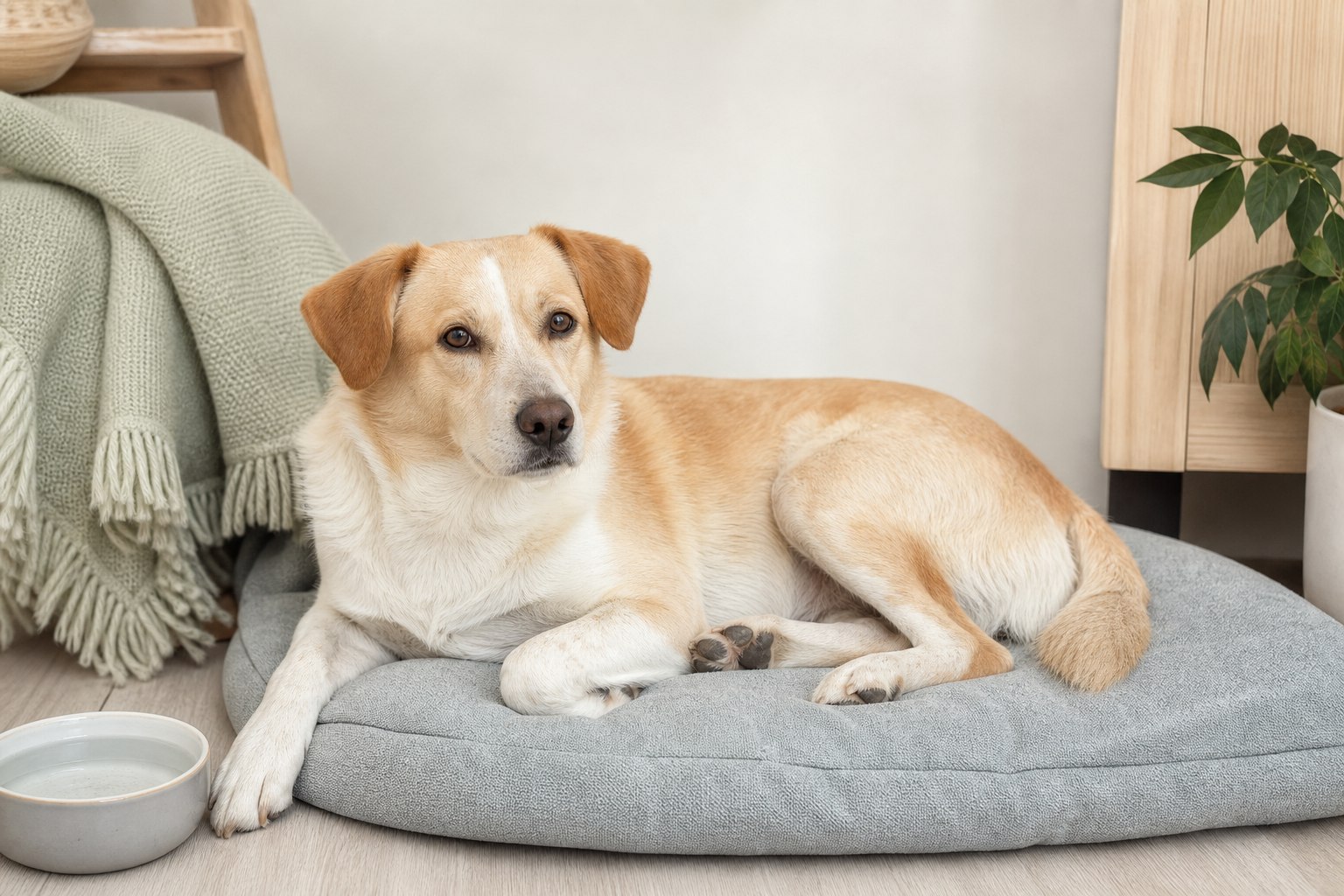 ベッドで静かに休む犬。犬の膵炎で見られる体調変化や低脂肪食を含む食事管理について詳しく解説する関連記事