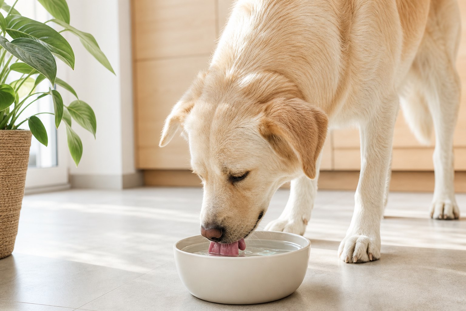 器から水を飲む犬。腎臓に配慮した食事で意識したい水分補給と手作りごはんの工夫を紹介する関連記事