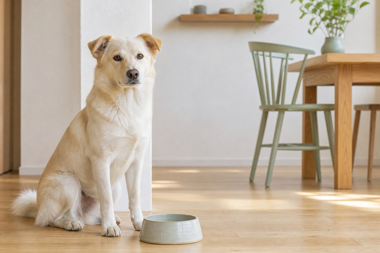空の食器のそばで食事を待つ犬。犬の低脂肪食について、必要性やメリット、注意点を正しく知るための記事のメインビジュアル