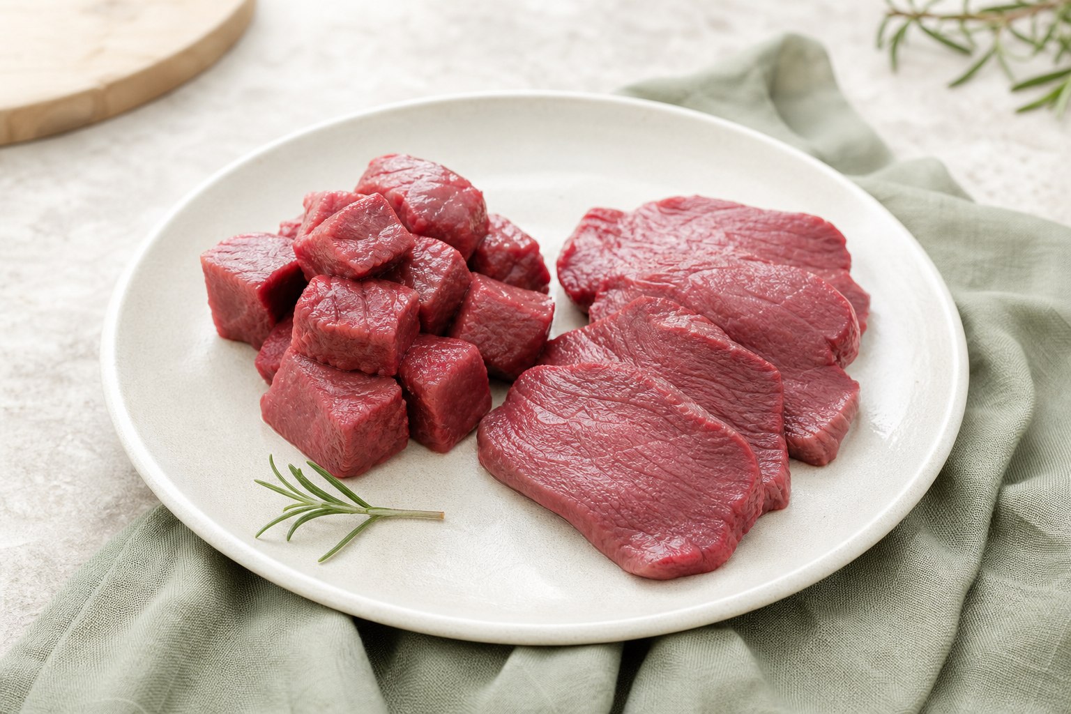脂身の少ない赤身の馬肉を角切りと薄切りにした食材例。犬の手作り食やトッピングでは部位ごとの脂肪量と全体の栄養バランスを確認する