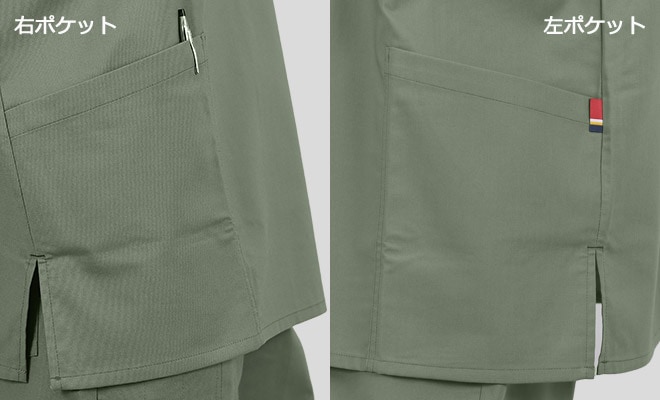 両脇ポケット。左側ポケットにはディッキーズカラーのピスネーム付き。