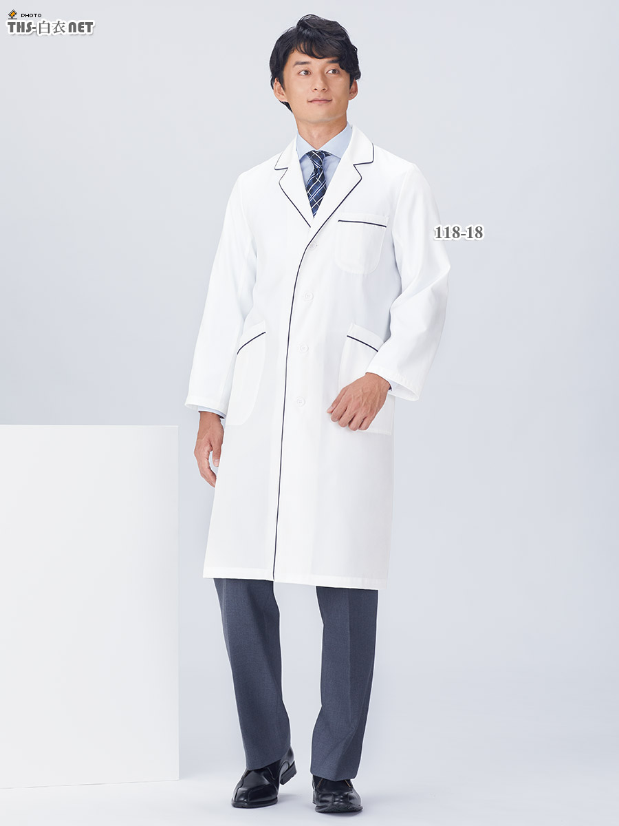 驚くべき価格 KAZEN メンズコート診察衣S型長袖 オフホワイト×ネイビー 118-18 ドクターコート 