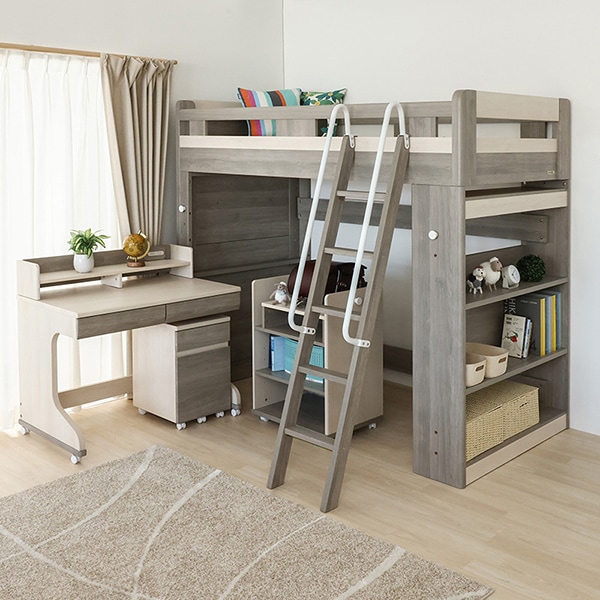 ロフトベッド ソラリオ GYB+デスク+上棚+ワゴン+ランドセルラック WH