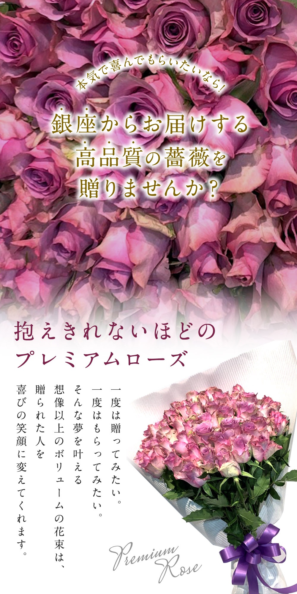 紫バラ50本の花束 生花 ムラサキバラ 東京銀座クオリティ 送料無料