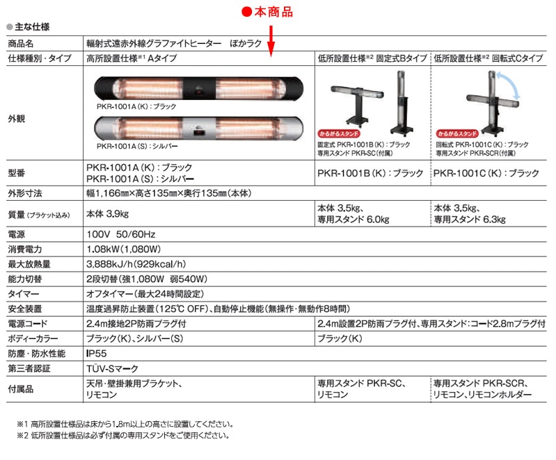 輻射式遠赤外線グラファイトヒーター「ぽかラク」高所設置仕様Aタイプ