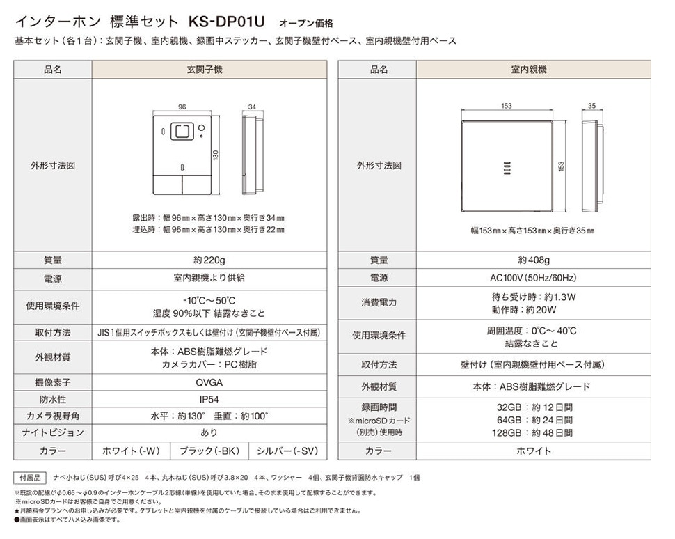 インターホン 標準セット「KS-DP01U」（Nasta・ナスタ製）【基本セット