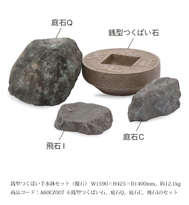 銭型つくばい手水鉢セット（擬石）/サイズ：W1590×H425×D1400mm、約 