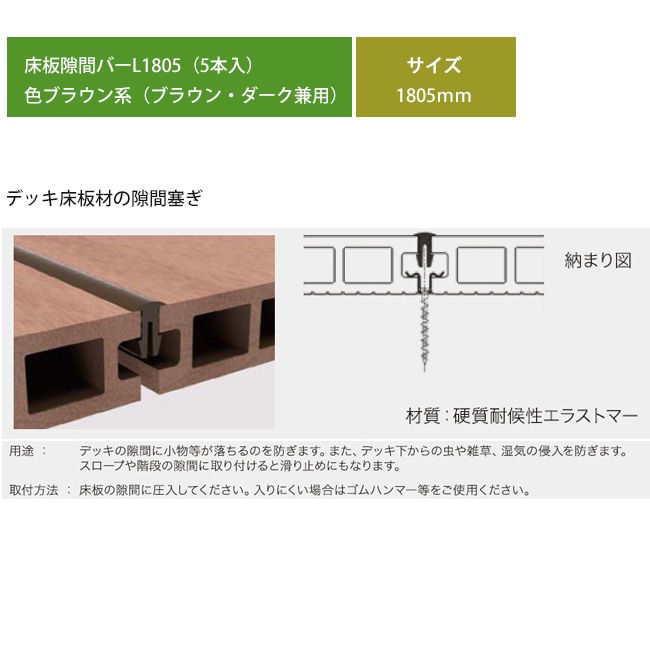 ZEN・STデッキ用オプション部品】床板隙間バーL1805（5本入）サイズ：1805mm、色：ブラウン系（ブラウン・ダーク板材兼用）型番：SB18【デッキ床板材の隙間防ぎ材  高儀 ネオカットウッド】｜総合エクステリア専門店 東京ガーデニングスタイル