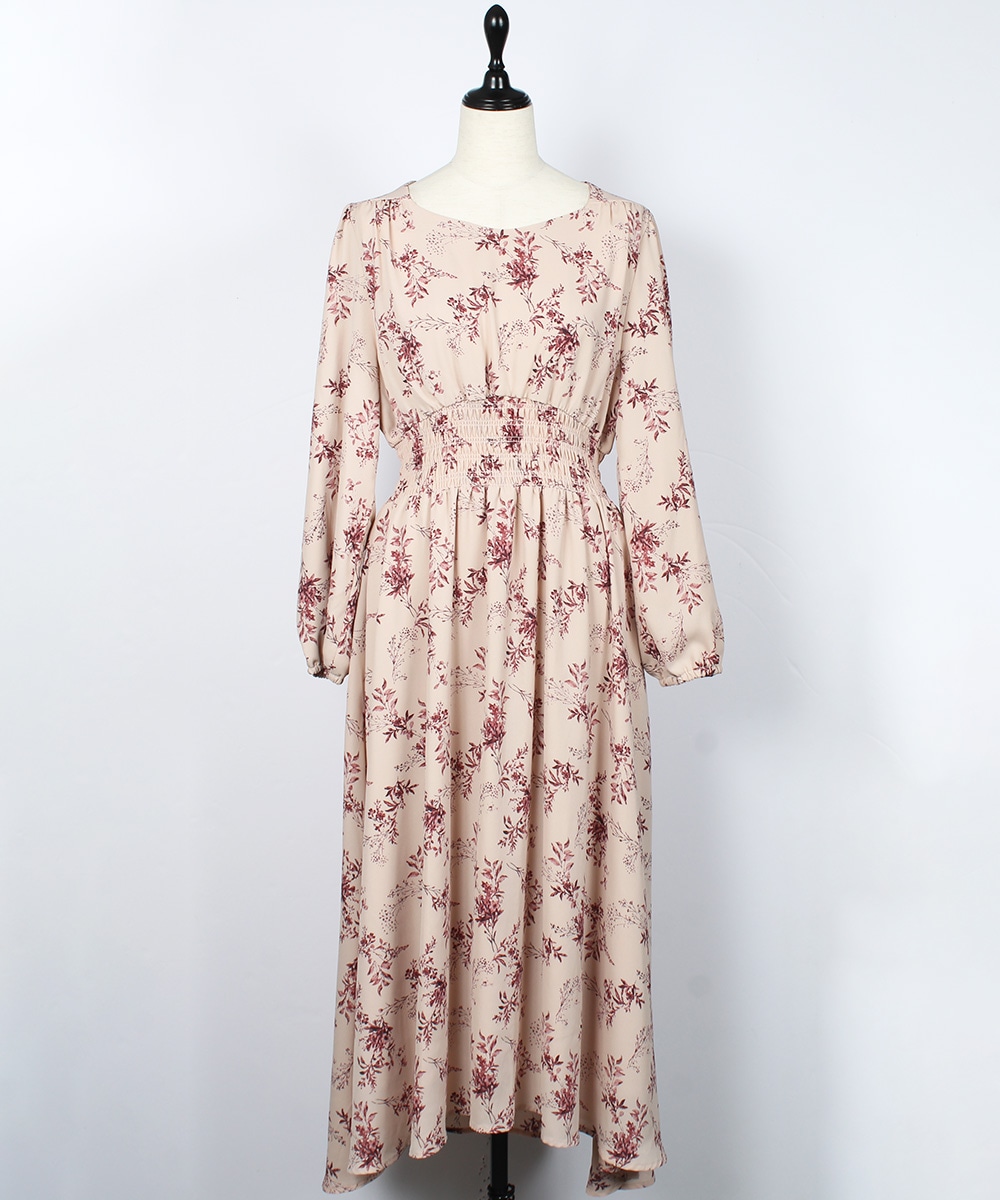 SALE】花柄スクエアネックウエストゴムシャーリングワンピース