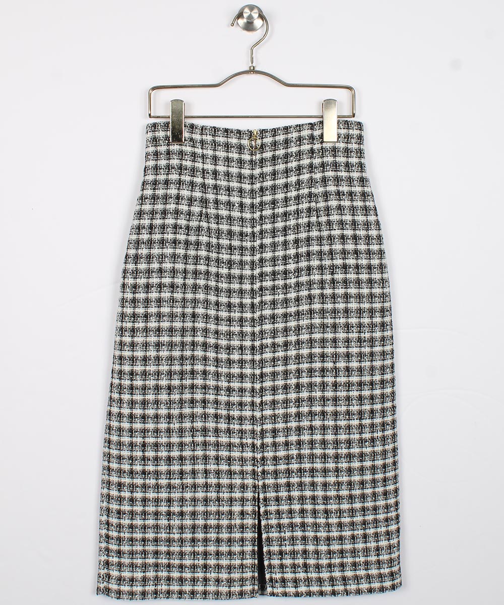【SALE】チェックツイードフロントファスナータイトスカート