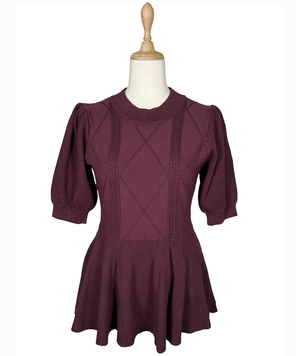 SALE】ケーブル編みペプラム5分袖ニットプルオーバー - 12Twelve