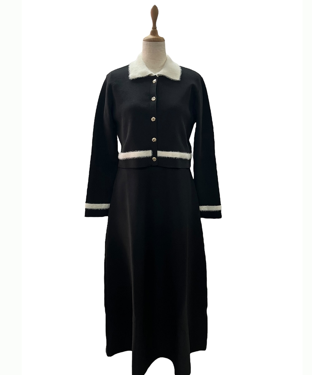 SALE】シャギー衿ニットワンピース×ノーカラーカーディガンセット