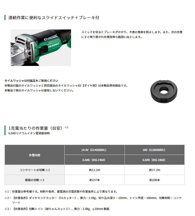 HIKOKI（日立工機）18V 125mmディスクグラインダ G18DBBVL(L125)(NN) 本体のみ（充電池・充電器・ケース別売）／スライドスイッチ・ブレーキ付  研削 研磨工具 工具通販 KOGU STOCKS(コウグ・スットクス)