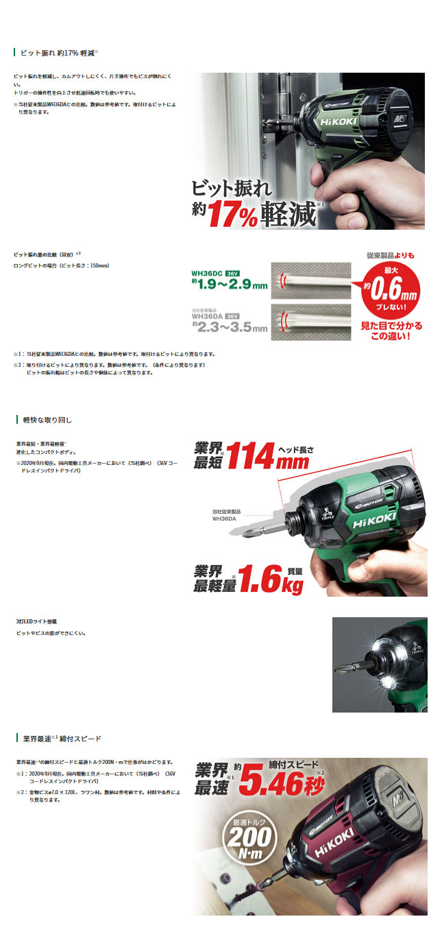 HIKOKI（ハイコーキ）36V　コードレスインパクトドライバ　WH36DC(2XPSZ)(CB) 新型マルチボルト電池(BSL36A18BX)2個　 充電器(UC18YDL2)　ケース | 締付・穴あけ・はつり工具,インパクトドライバ,マルチボルト（36V） | 工具通販 KOGU