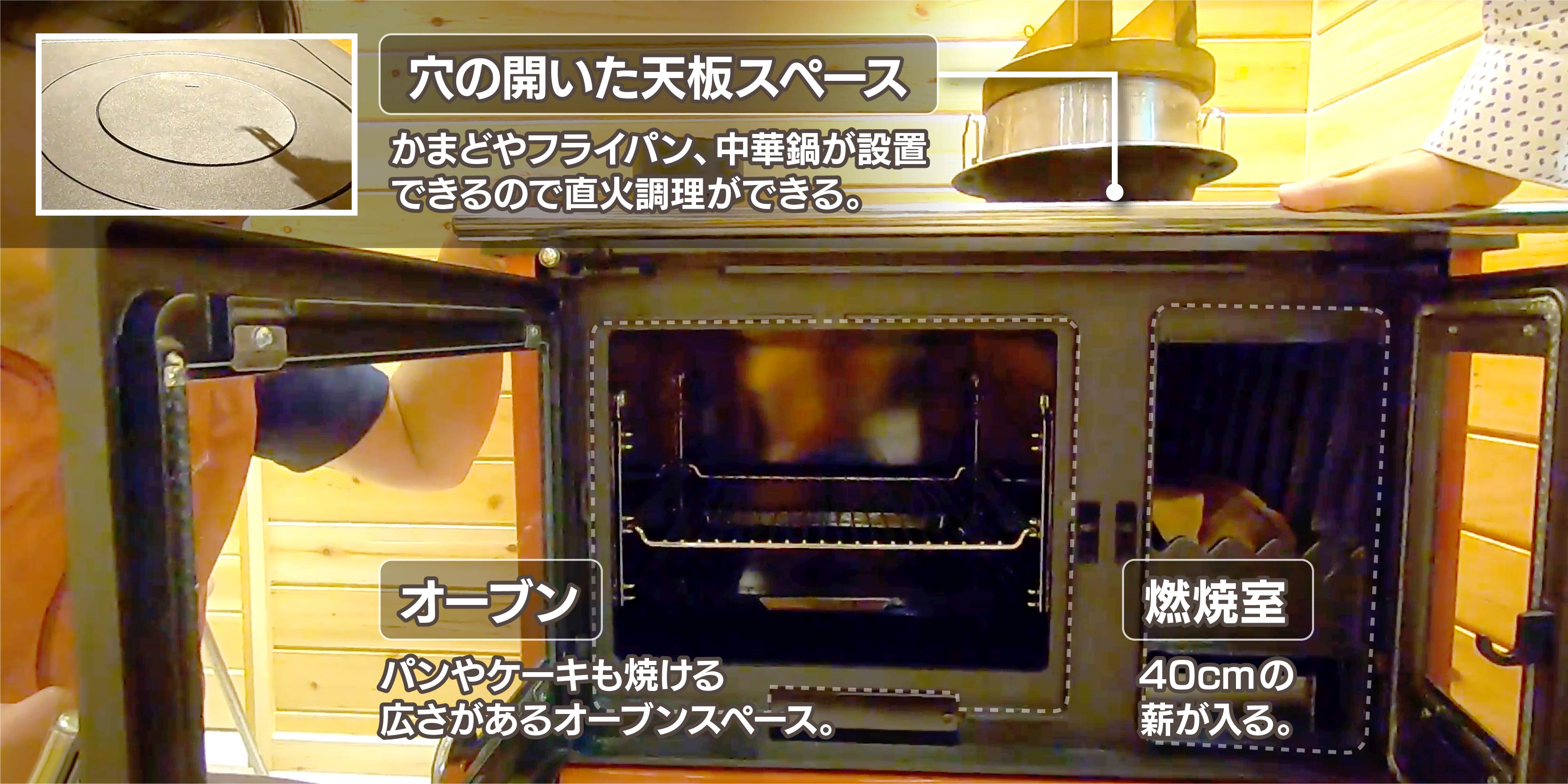 熱効率が良い鋳物でできた燃焼室とオーブン