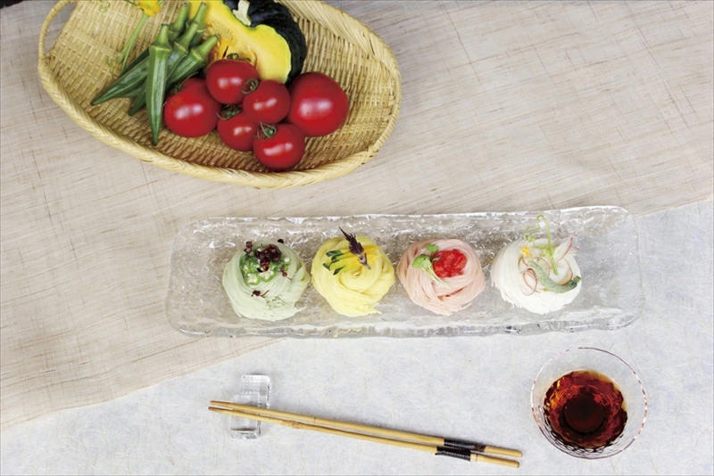 夏らしい彩り野菜素麺（トマト・オクラ・カボチャ）白素麺とのセット