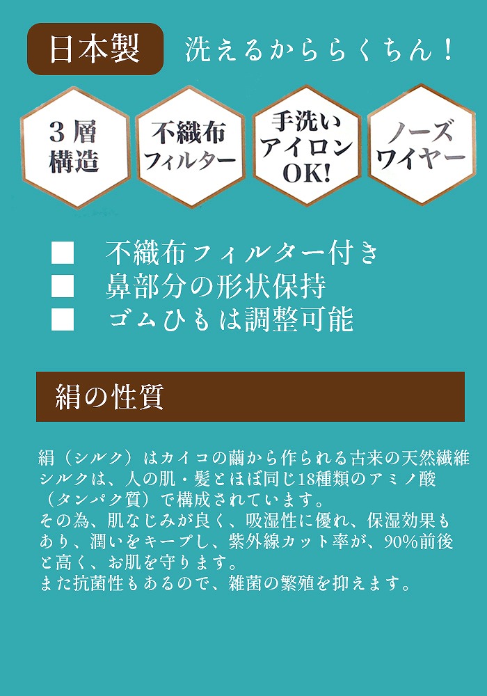 洗える絹マスク 丹後ちりめん 3層構造 不織布フィルター UVカット 保湿