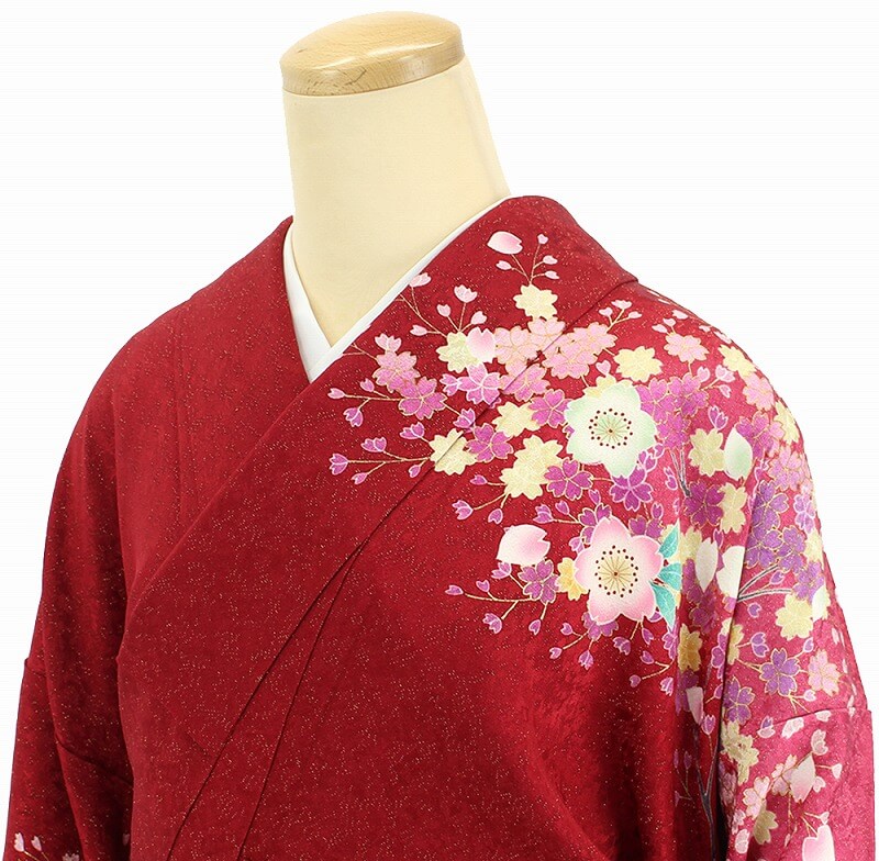 中古】【販売】 振袖 リサイクル 成人式 正絹 レッド 花柄 桜 仕立て