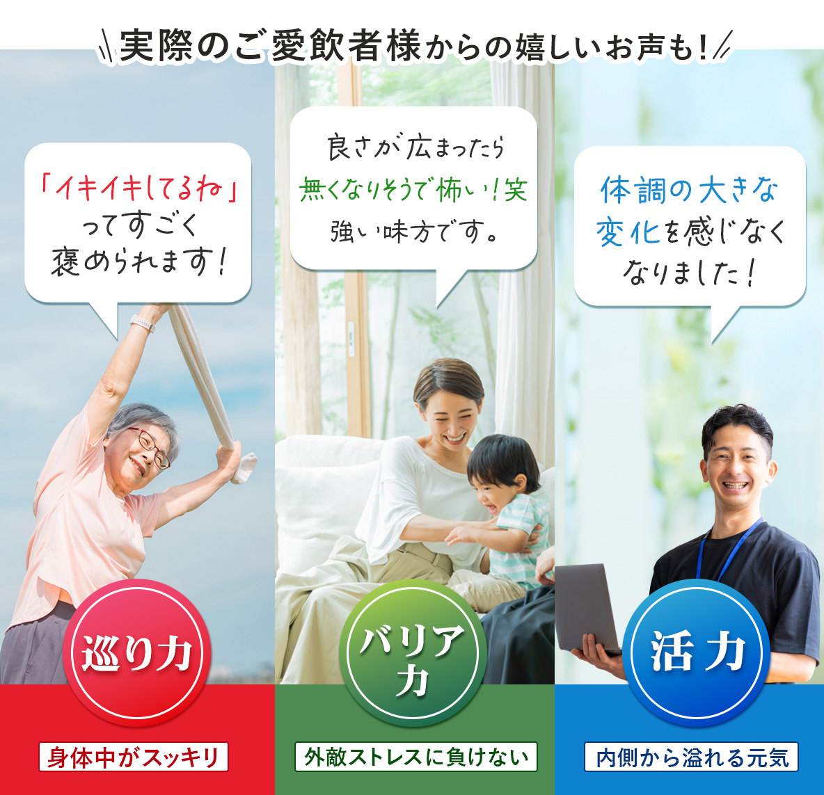 実際に霊芝サプリ「輝き」をご愛飲中の皆さまからのお声を紹介！巡り力、バリア力、活力の向上に