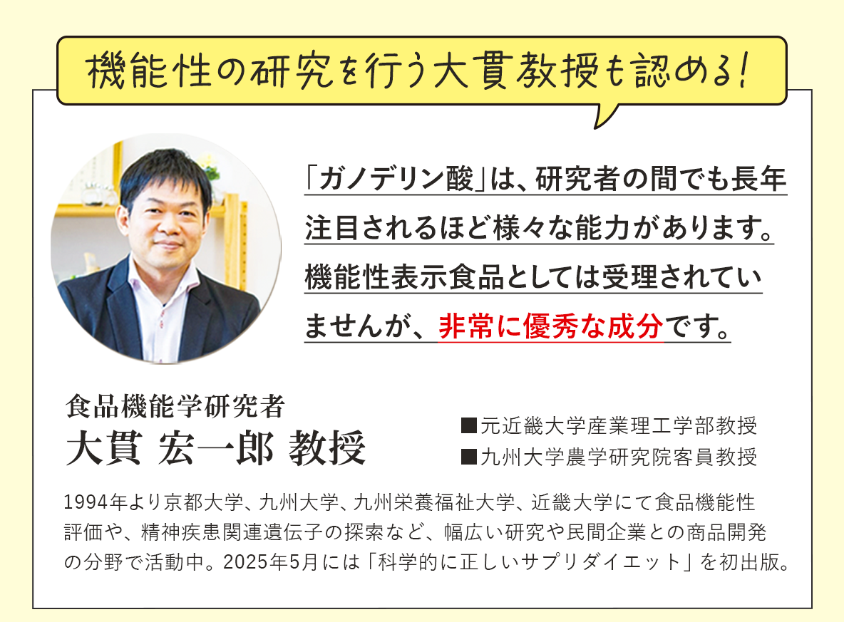 霊芝の機能性研究家「大貫宏一郎」教授が推奨する霊芝の成分「ガノデリン酸」について
