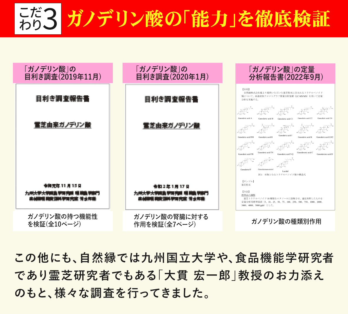ガノデリン酸の能力を検証 目利き調査にて霊芝のガノデリン酸に関する調査を依頼｜ガノデリン酸抽出霊芝 輝き