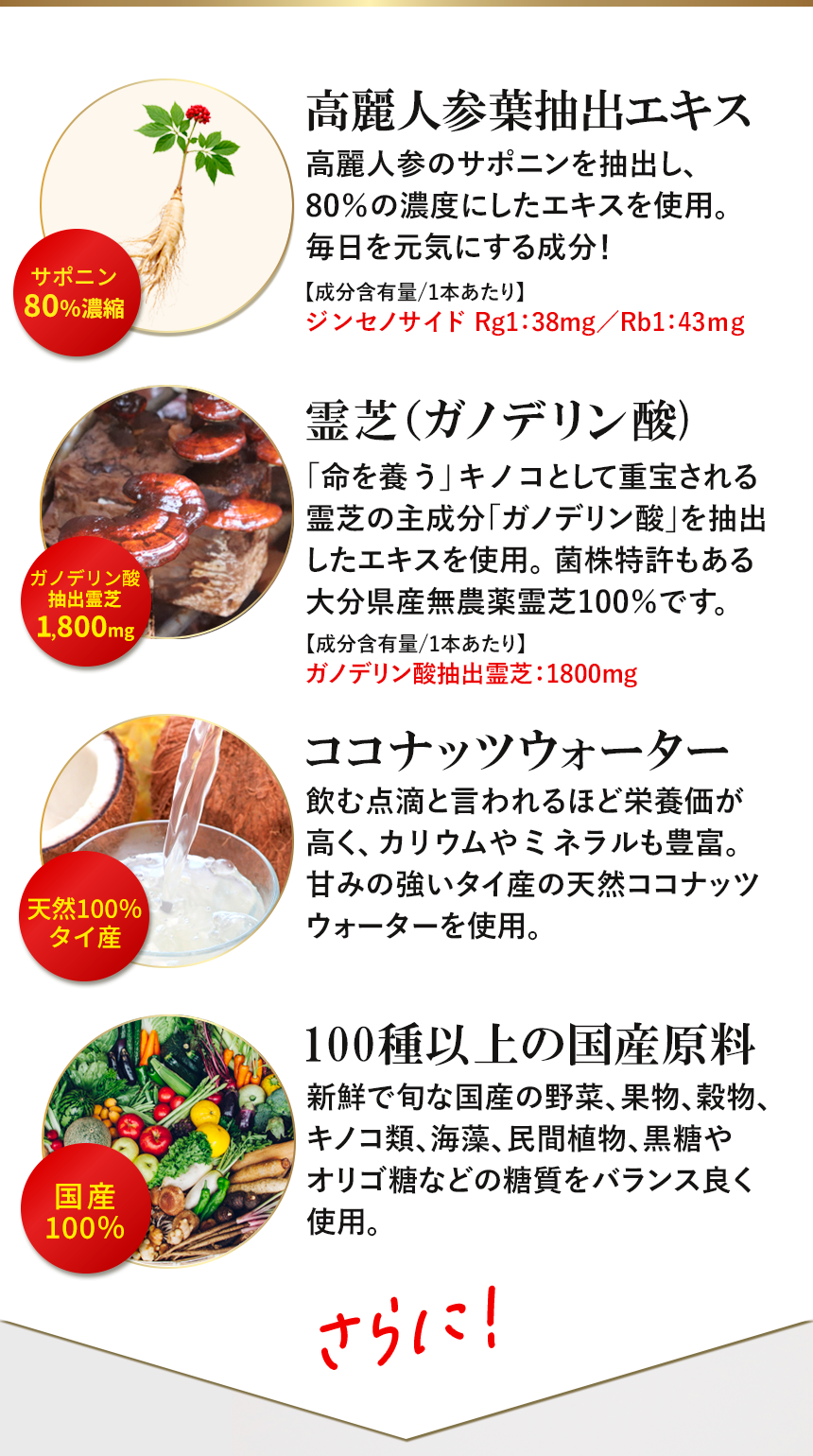 ココナッツ酵素飲料自然力【公式】｜この1本に高麗人参サポニン（ジンセノサイドRg1:38mg、Rb1：43mg、霊芝のガノデリン酸1800mg