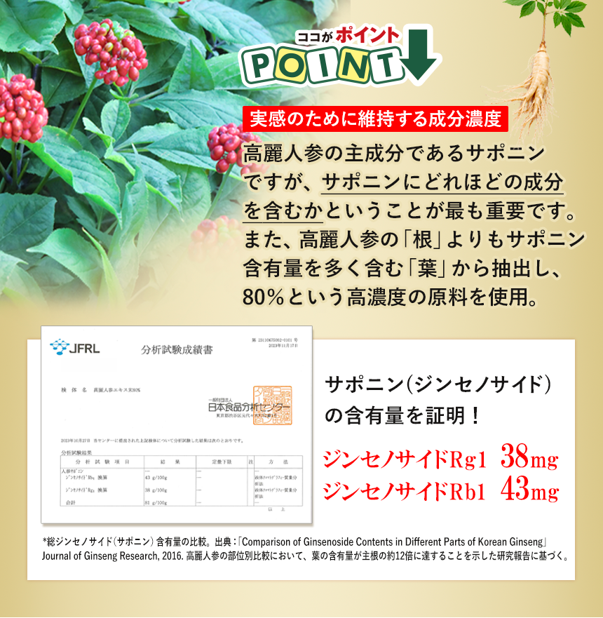 ジンセノサイドRg1:38mg、Rb1:43mg含有のサポニンを使用｜ココナッツ酵素飲料自然力に使用する原材料
