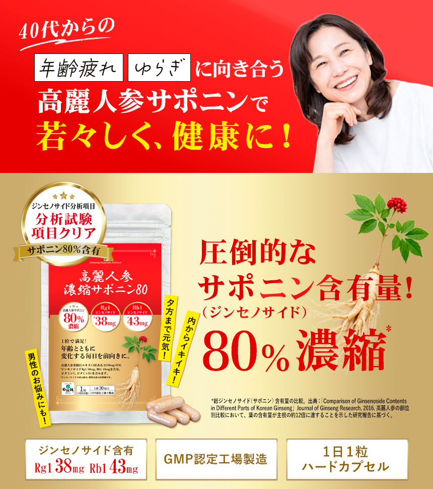 高麗人参サポニン80％含有サプリ_ジンセノサイドRg1、Rb180％含有｜疲れ、ゆらぎ、巡り、活力に｜自然縁公式