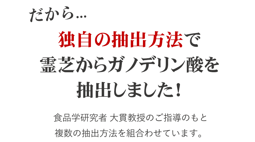 霊芝研究教授も認める抽出方法で、霊芝からガノデリン酸を抽出！