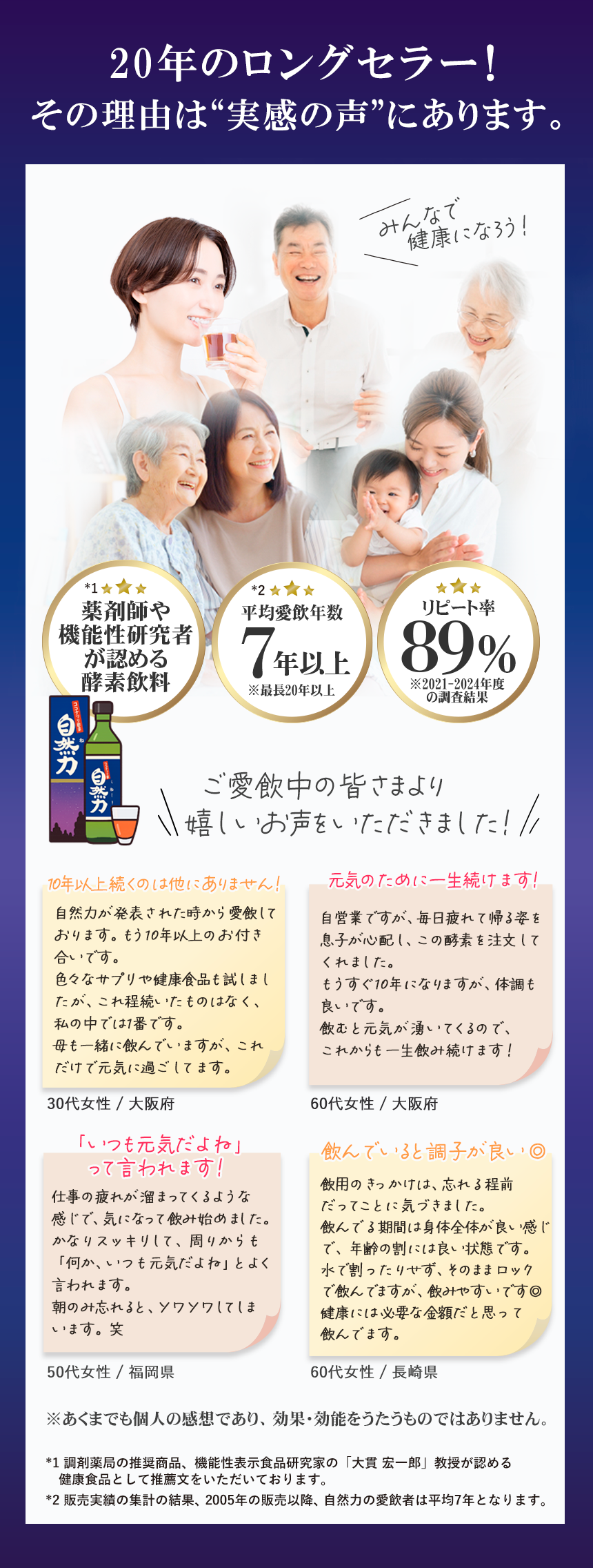 皆さまのおかげで愛され続けて20年。自然力はさらにパワーアップして皆さまの健康を支え続ける酵素飲料であり続けます。