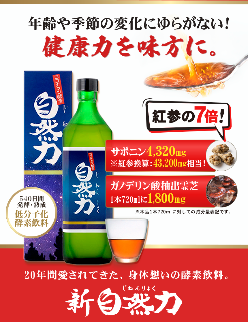 高麗人参を越える「三七人参」の濃さを実感！サポニン4320mg配合の酵素飲料「自然力（じねんりょく）」